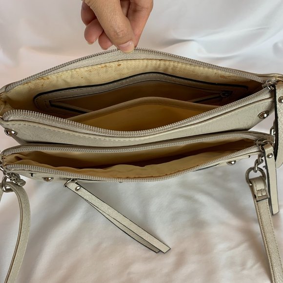 Nicole by Nicole Miller Handbag Crossbody Purse Beige Multi Zippers Adjust Strap - Picture 8 of 16